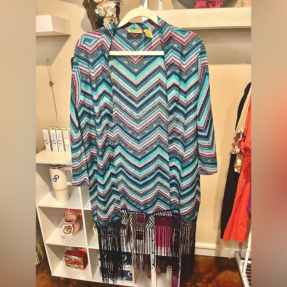 Wrangler Multicolor Chevron Fringe Knit Tunic - Teal, Navy, Pink - Picture 5 of 7